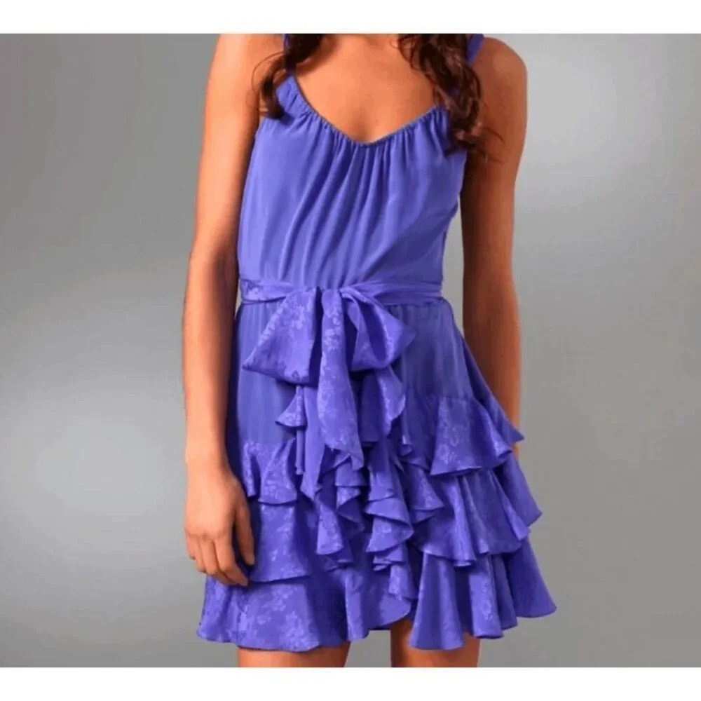 Rebecca Taylor Silk Ruffle Purple Floral Short Date Mini Dress Size 6